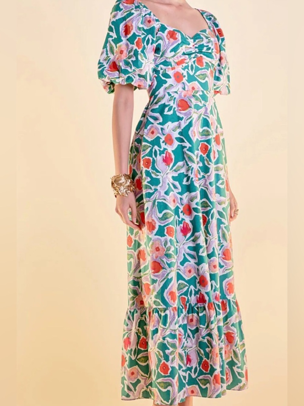 English Factory Green Floral Maxi Dress with Puff Sleeves - Picture 5 of 6